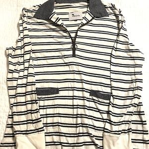 Long sleeve Tombolo polo shirt. Off white & black striped with dotted collar.